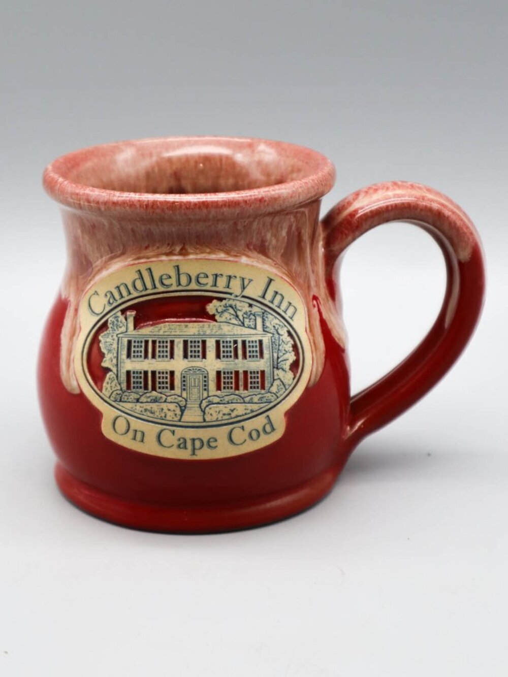 Deneen Pottery Coffee Mug Candleberry Inn Cape Cod MA Red White Drip Glaze